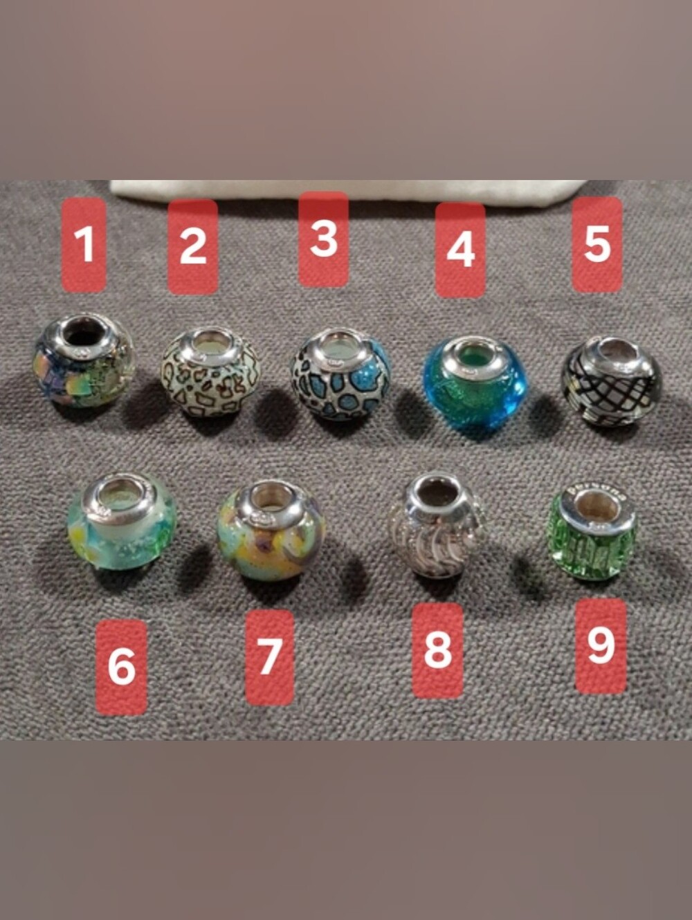 9 Single Persona 925 Sterling Silver Bead Charms VG 5 Murano Glass + 2 Crystal